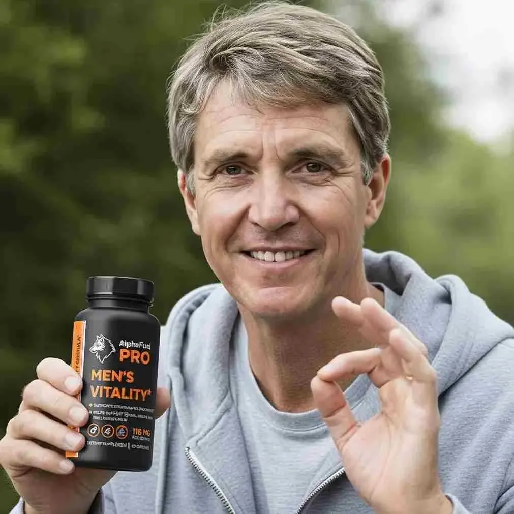 Confident middle-aged man showing energy and vitality after using AlphaSteel